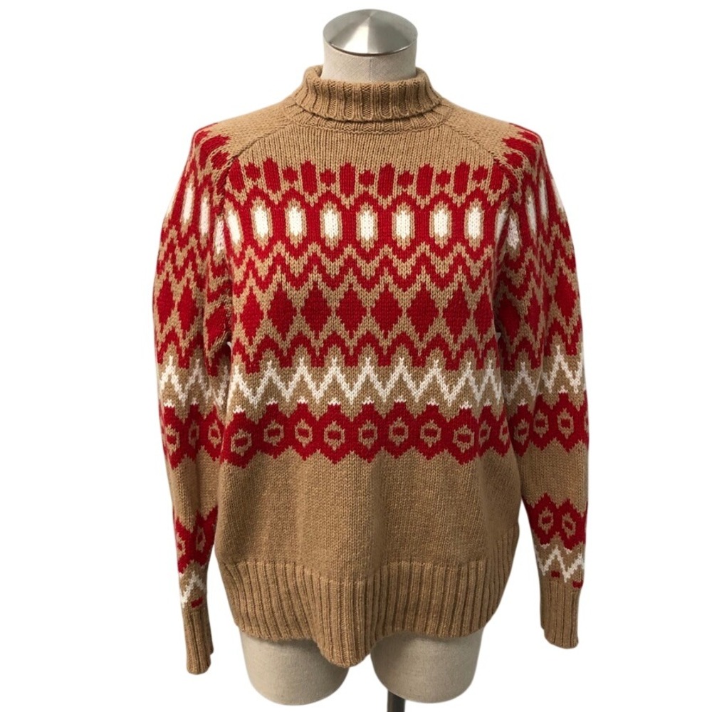 Vineyard Vines Fair Isle Turtleneck Sweater Womens Small Tan Red Merino Wool